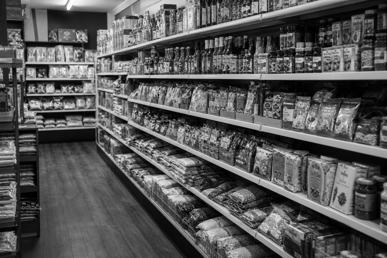 A well-stocked independent Indian grocery aisle